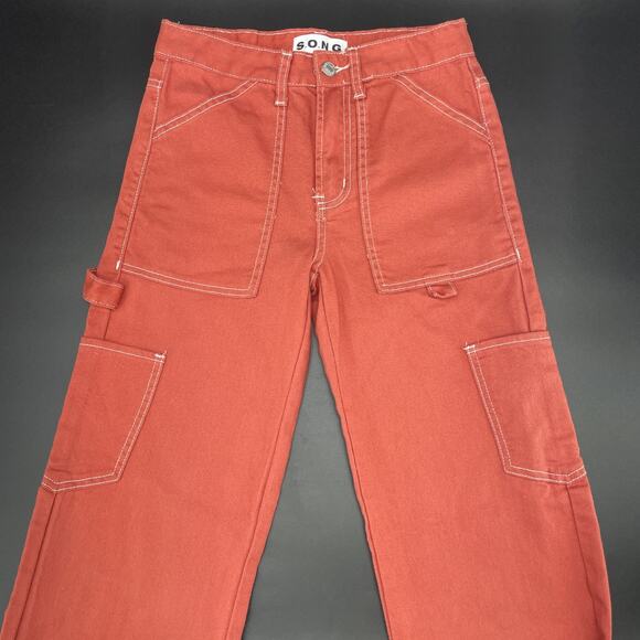 NWT S.O.N.G. Womens 0/24 Orange Cargo Carpenter Low Rise Jeans Y2K Slouchy Baggy - Picture 6 of 9